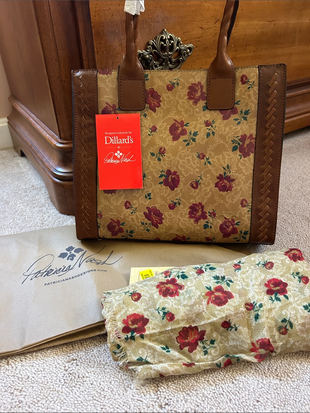 Patricia Nash Tan Floral Tote with Brown Trim and Red Roses